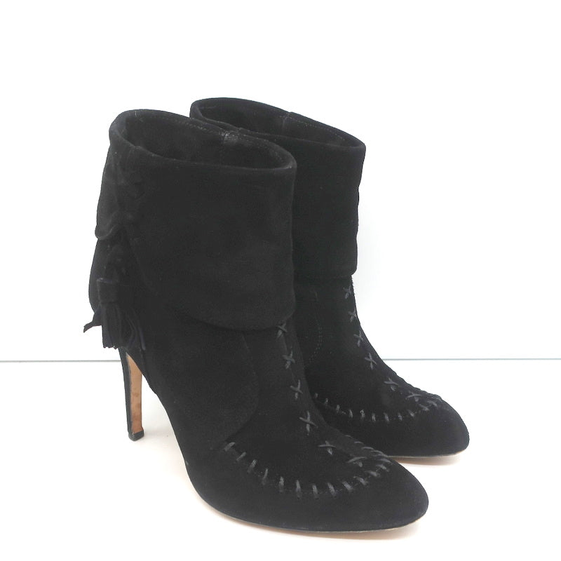 Manolo Blahnik Tassel Ankle Boots Black Suede Size 37 High Heel Booties product image 1, provided for visual reference and