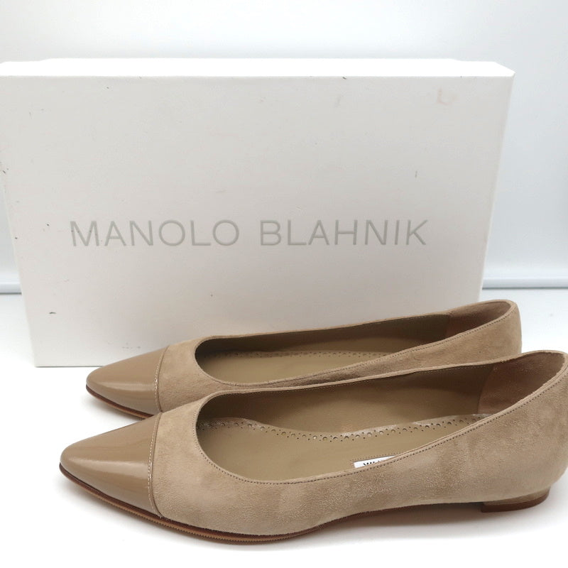 Manolo Blahnik Bipunta Cap Toe Flats Taupe Suede & Patent Leather Size 36 NEW product image 1, provided for visual reference