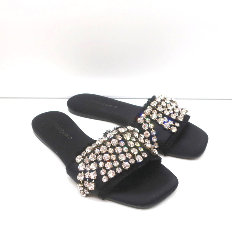 Anna Baiguera Crystal Fringe Slide Sandals Black Satin Size 38 Flat Mules product image 1, provided for visual reference and