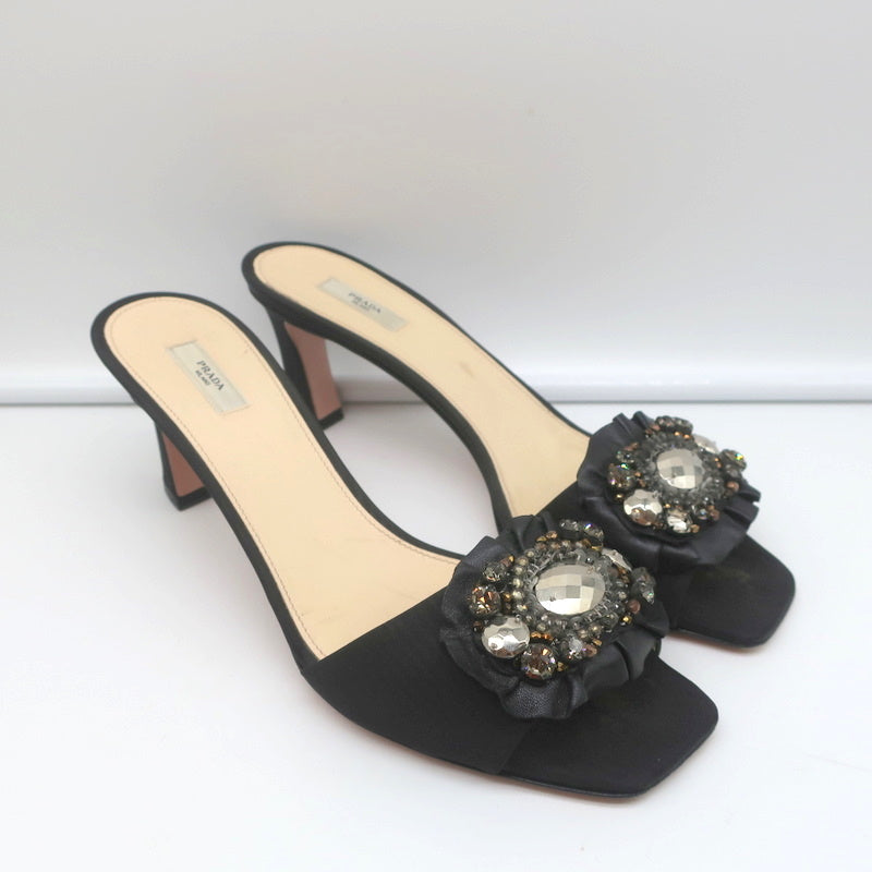 Prada Mules Black Embellished Leather & Faille Size 38 Open Toe Sandals product image 1, provided for visual reference and