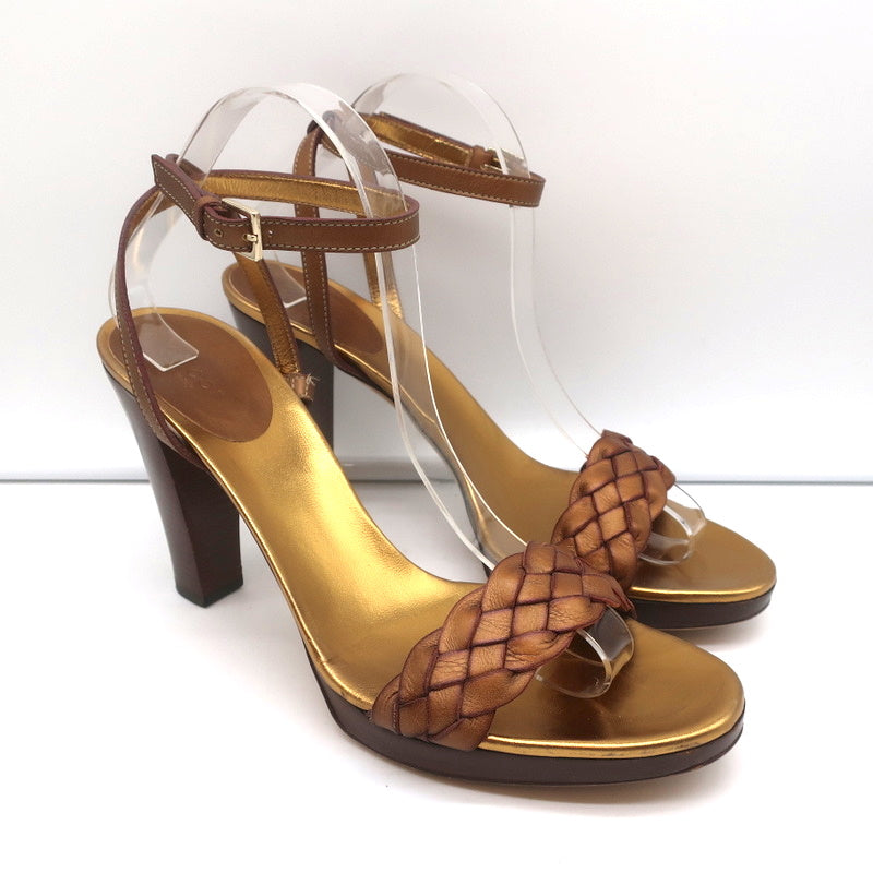 Gucci Braided Platform Sandals Bronze Metallic Leather Size 9.5 Ankle Strap Heel