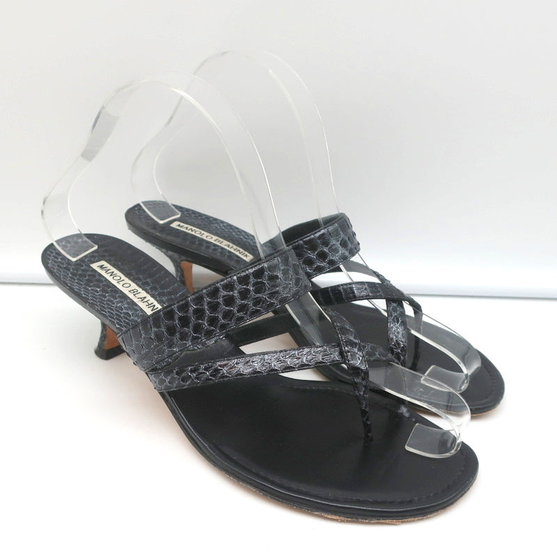Manolo Blahnik Susa Thong Sandals Black Snakeskin Size 38.5 Kitten Heel Slides product image 1, provided for visual