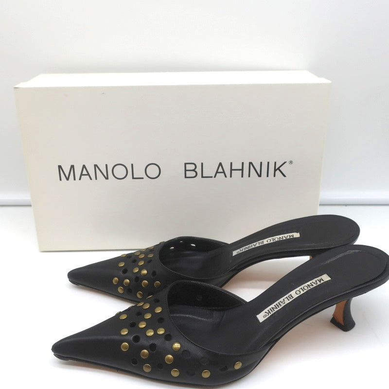 Manolo Blahnik Studded Mules Balu Black Perforated Leather Size 36.5 Kitten Heel product image 1, provided for visual