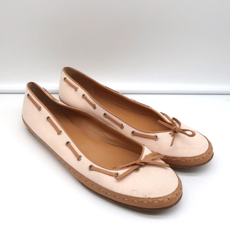 Laced Bow Ballet Flats Very Light Pink Canvas & Tan Leather Size 39.5 product image 1, provided for visual reference and