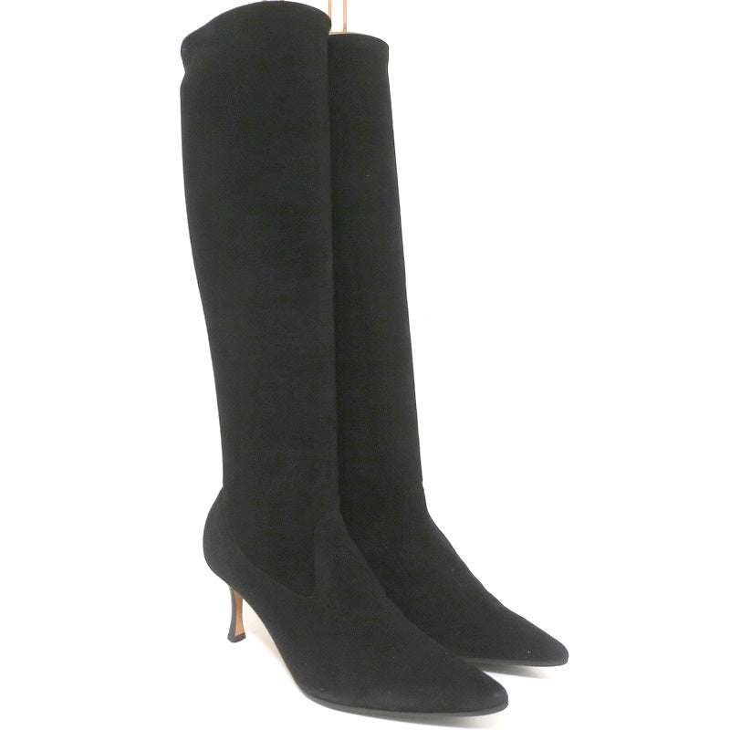 Manolo Blahnik Pascalare Knee High Boots Black Stretch Suede Size 37.5