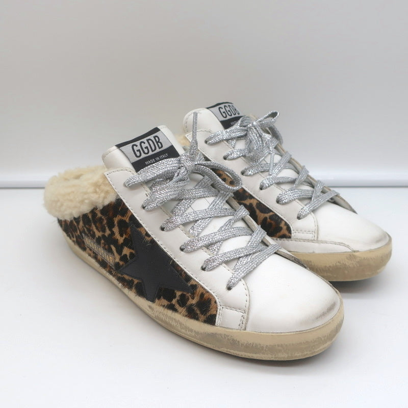 Golden Goose Superstar Sabot Shearling Sneakers Leopard Print Calf Hair Size 37