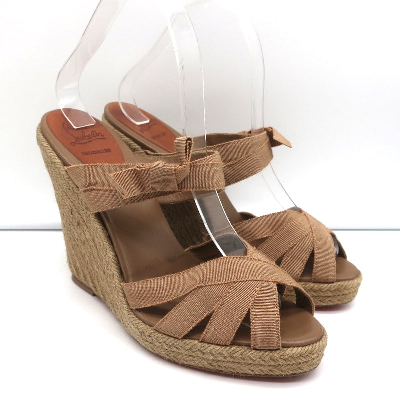 Christian Louboutin Delfin 120 Platform Espadrille Wedges Brown Ribbon Size 40
