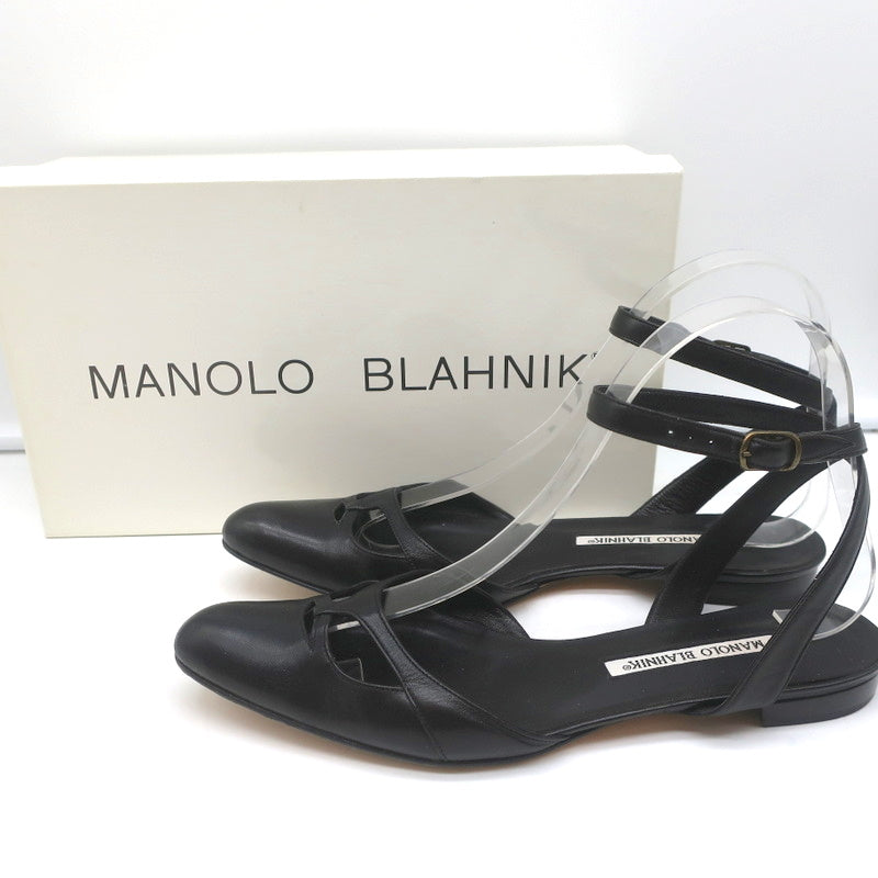 Manolo Blahnik Ankle Strap Flats Belfaba Black Cutout Leather Size 36.5 product image 1, provided for visual reference and