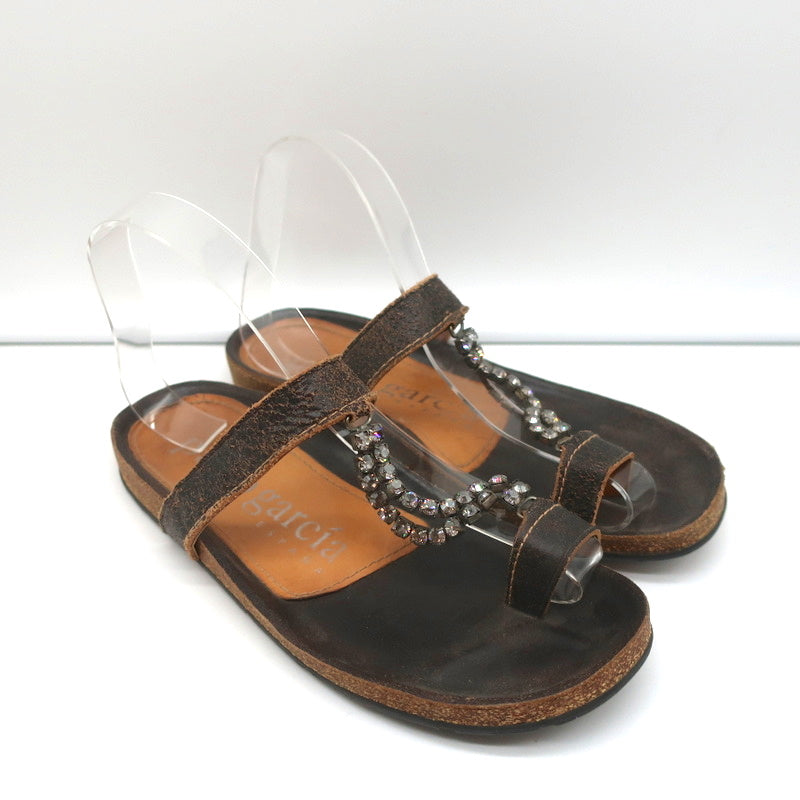 Pedro Garcia Crystal T-Strap Sandals Dark Brown Leather Size 37 Toe Ring Slides product image 1, provided for visual
