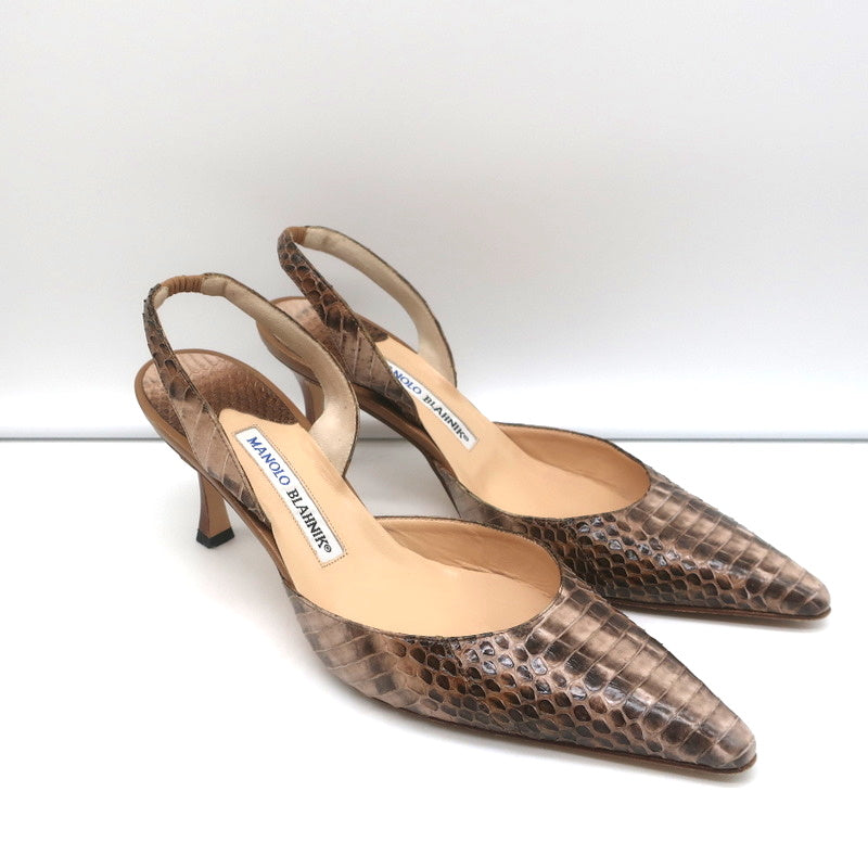Manolo Blahnik Carolyne Slingback Pumps Brown Snakeskin Size 38.5 Pointed Toe product image 1, provided for visual reference