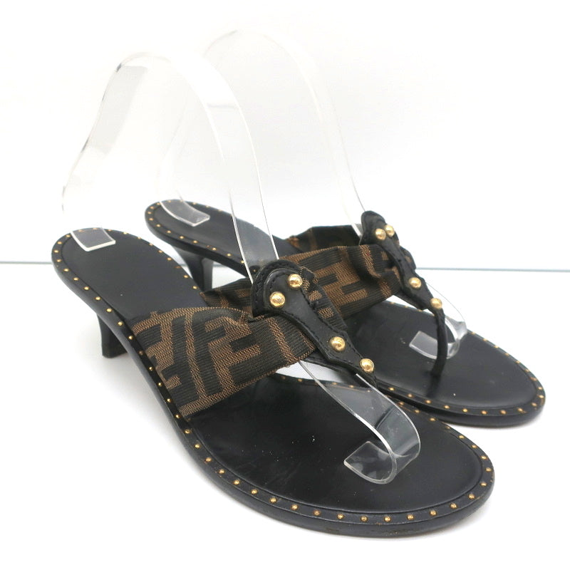 Fendi Zucca Thong Sandals Brown with Black Leather Size 36.5 Kitten Heel Slides product image 1, provided for visual