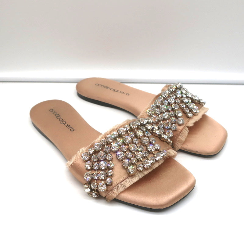 Anna Baiguera Crystal Fringe Slide Sandals Peach Satin Size 38 Flat Mules